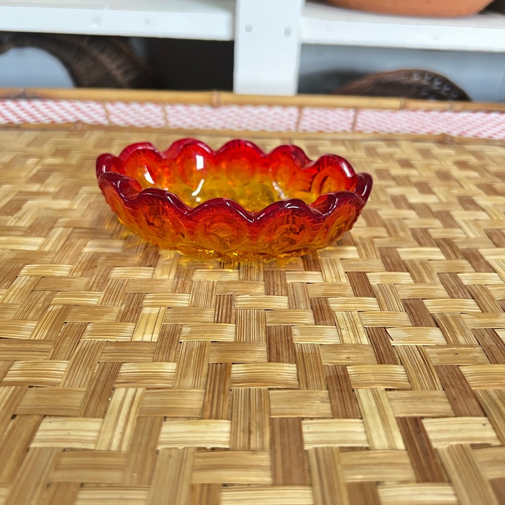 Vintage amberina small dish red yellow glass decor trinket